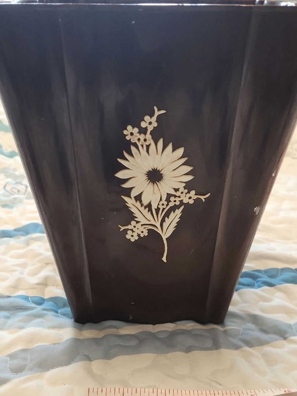 Vintage Sears Brown Waste Bin with Cream Floral Applique